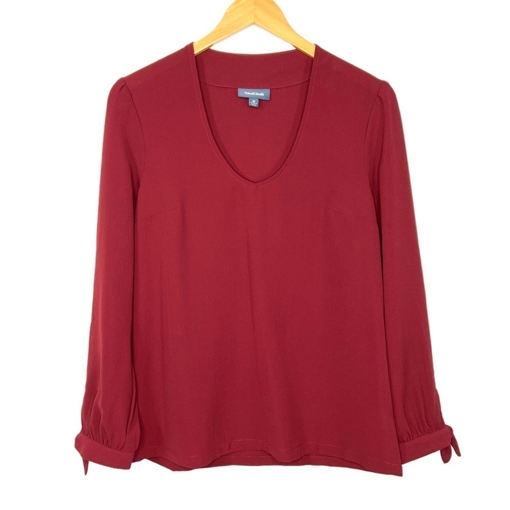 ModCloth Womens V Neck Long Sleeve Blouse Sz Medium Burgundy Tie Cuff Top